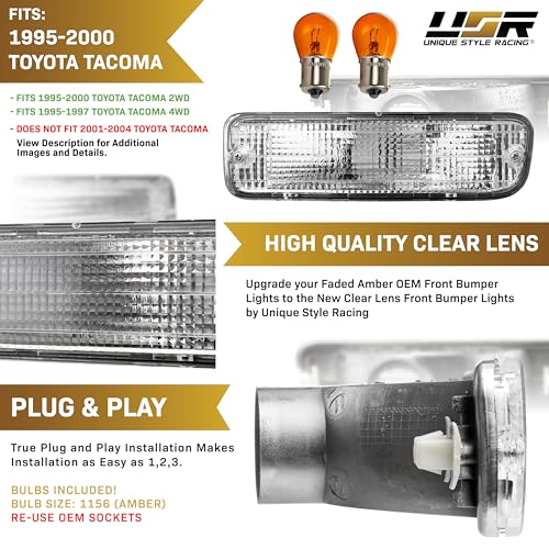 USR 95-00 Tacoma 2WD Bumper Light – Front Turn Signal Lamps (Left + Right) Pair - Compatible with 1995-1997 Toyota Tacoma 2WD/4WD & 98-00 Tacoma 2WD without Pre-Runner Truck (CLEAR LENS w/Amber Bulb)