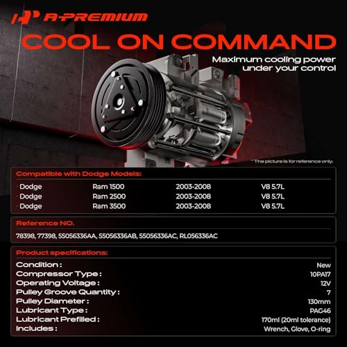 A-Premium Air Conditioner AC Compressor with Clutch Compatible with Dodge Ram 1500 2500 3500 5.7L 2003-2008