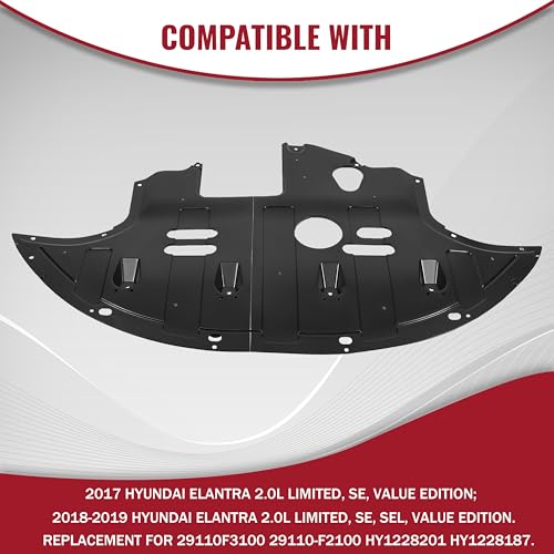 HECASA Front Engine Splash Shield Compatible with 2017-2020 Hyundai Elantra 2.0L Engine Protection Under Cover Plastic Black Replacement for 29110F3100 29110-F2100 HY1228201 HY1228187