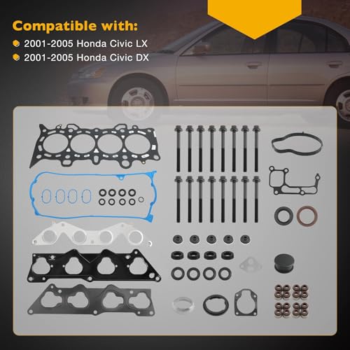 HS26236PT-2 Cylinder Head Gasket Set with Bolts for 1.7L D17A1 L4 Engine, Compatible with 2001-2005 Honda Civic LX DX, Replace# HS26236PT HBHO034