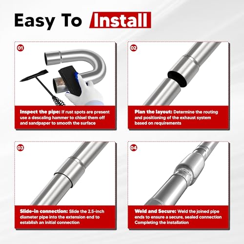 VONLX 8pcs 2.5-Inch Mild Steel Exhaust Pipe Kit, 16-Gauge Piping Walls, Custom Exhaust Pipe Kit Sets Tubing Mandrel Bend Pipe Straight & U-Bend, Universal Fit