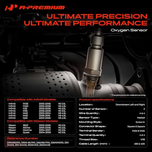A-Premium O2 Oxygen Sensor Compatible with Nissan Quest 2004-2009, Maxima 2004-2007, 350Z & Infiniti FX35 G35 2003-2006, M35 M45 Q45, Downstream, 2-PC Set, Replace# 226A1AR210, 226A1-8U700