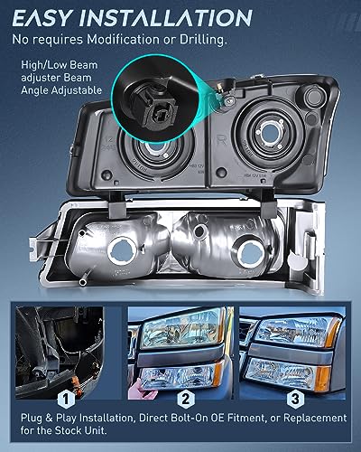 Nilight Headlight Assembly for 2003 2004 2005 2006 Chevy Silverado Avalanche 1500 1500HD 2500 2500HD 3500 Chevrolet Pickup Replacement Headlamp Housing Bumper Lamp Set