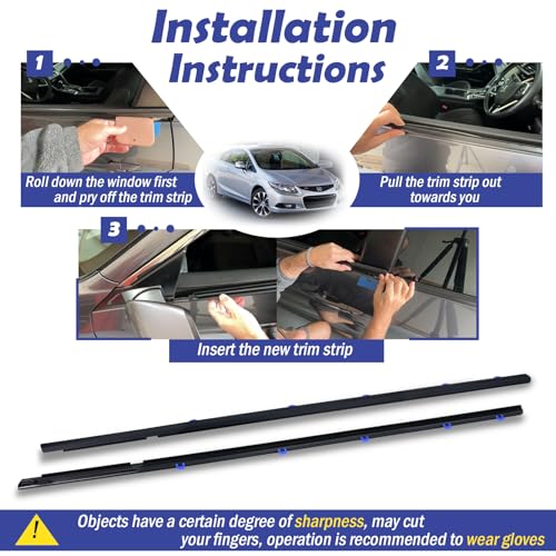 2Pcs Window Weather Stripping Molding Trim Seal Belt Compatible with 2012-2015 Honda Civic Coupe 2D Replace# 72410-TS8-A01 72450-TS8-A01