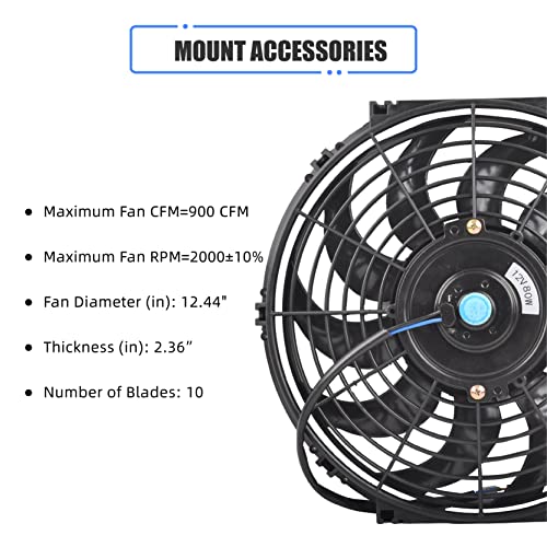 12 Inch Slim Fan Push Pull Electric Radiator Cooling Fan Universal High Performance 12V 80W Motor with Fan Mounting Kit (Black)