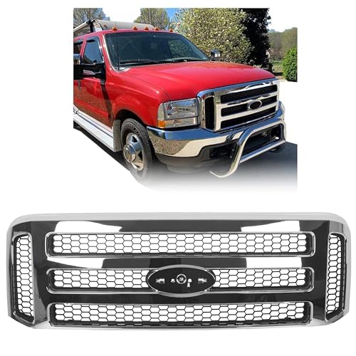 ECOTRIC Front Grille Compatible with Ford 1999-2004 F250 F350 Super Duty 2000-2004 Excursion New Grille Chrome Mesh Style
