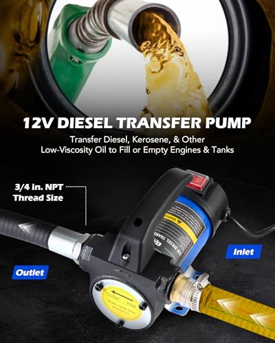 Orion Motor Tech Diesel Transfer Pump, 12 Volt Fuel Transfer Pump with Nozzle Hoses for Transferring Diesel, Kerosene, Self Priming DC Electric Fuel Pump Kit, Oil Not Included