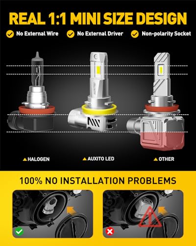 AUXITO Upgraded 9005/HB3 H11/H8/H9 Bulbs Combo, 900% Highly Bright 6500K Cool White, Real 1:1 Mini Size, Canbus Direct Install Plug and Play, Pack of 4