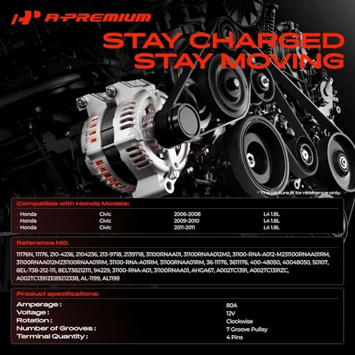 A-Premium Alternator Compatible with Honda Civic 2006 2007 2008 2009 2010 2011 L4 1.8L, 80A 12V CW 7-Groove Pulley, Replace# 31100RNAA01, 31100RNAA012M2