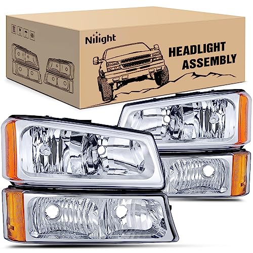 Nilight Headlight Assembly for 2003 2004 2005 2006 Chevy Silverado Avalanche 1500 1500HD 2500 2500HD 3500 Chevrolet Pickup Replacement Headlamp Housing Bumper Lamp Set