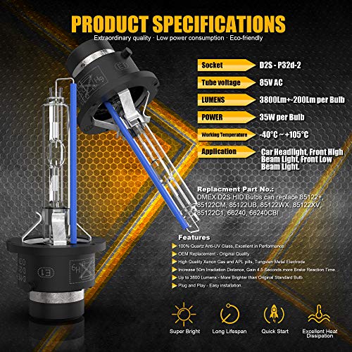 DMEX D2S HID Headlight Bulbs 6000K Cool White Xenon 35W 85122 66240 66040 66240CBI Replacement - Pack of 2 (Not fit Halogen Headlamp)