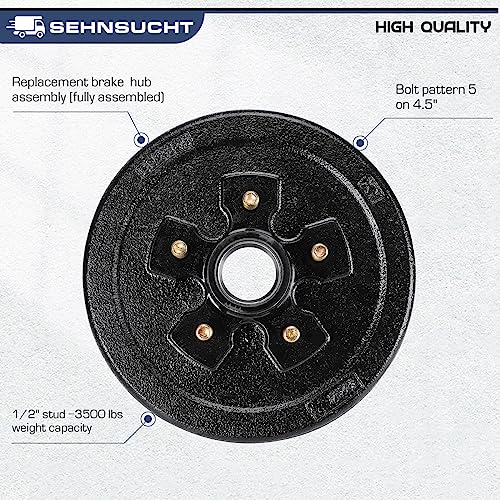 Trailer Axle Electric Brake Kit, Pair of 5-Hole, 4.5" Bolt Circle Brake Drum with 10" x 2 1/4" Self-Adjusting Electric Brakes for 3500 lb Axles, Replacement 10”(not for 4400lb) Brake Hub Drum Assembly