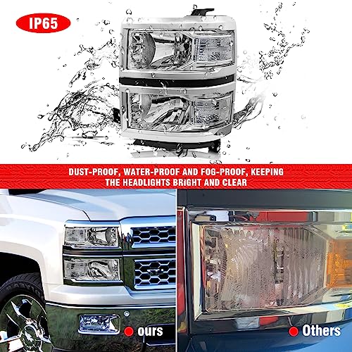ADCARLIGHTS Headlight Assembly for 2014 2015 Chevy Silverado 1500 Chrome Housing with Clear Reflector Left and Right Pair（W/O Bulbs）