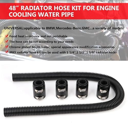 iRKY 48" Flexible Radiator Hose Stainless Steel Universal Water Hoses Adapter Coolant Radiator Hose Kit With 4Pcs Chrome Caps (8 Clamps, Black)