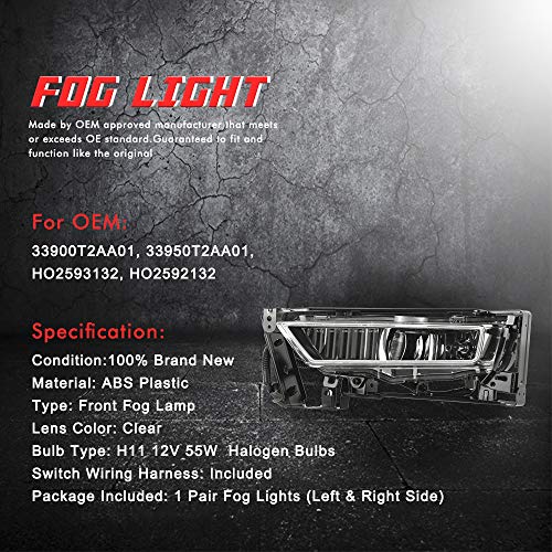Driving Fog Lights Lamps Replacement for Honda Accord 2013 2014 2015 4-door Sedan with H11 12V 55W Halogen Bulbs HO2593132 HO2592132 (Clear Lens)