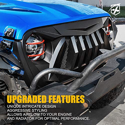 Xprite Matte Black Front Grille Grid Grill w/Mesh Compatible with 2018-2021 Jeep Wrangler JL JT - Black Widow Series