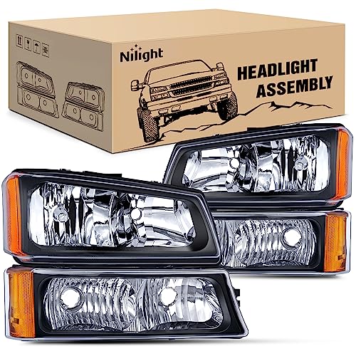 Nilight Headlight Assembly for 2003 2004 2005 2006 Chevy Silverado Avalanche 1500 1500HD 2500 2500HD 3500 Chevrolet Pickup Replacement Headlamp Housing Bumper Lamp Set